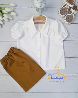 ست شومیز و شلوارک سفید نسکافه ای طرح یقه خرگوشی