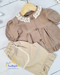 ست شومیز و شلوارک نسکافه ای کرم طرح جلو دکمه دانتل دار