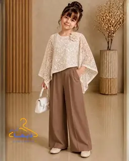 ست پانچ و شلوار نسکافه ای طرح دانتل شکوفه آندیا