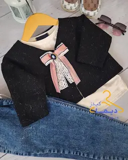 ست کت جلو باز و تاپ سفید مشکی طرح گل سینه پاپیون دار