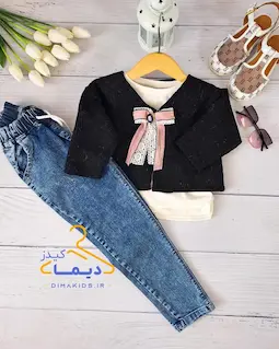 ست کت جلو باز و تاپ سفید مشکی طرح گل سینه پاپیون دار