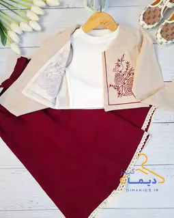 ست کت دامن همراه تاپ کرم زرشکی طرح سوزندوزی 