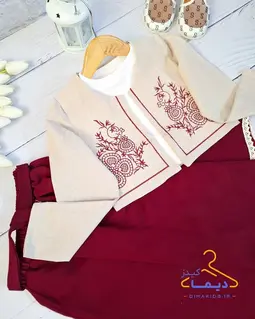 ست کت دامن همراه تاپ کرم زرشکی طرح سوزندوزی 