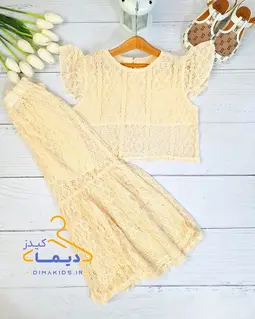 ست کراپ و شلوار دمپا کلوش کرم طرح دانتل