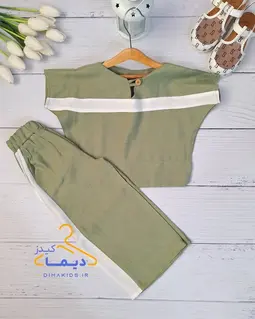 ست کراپ و شلوار سبز طرح یقه خشتی