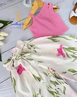 ست کراپ و شلوار سفید صورتی طرح گلدار ساحل