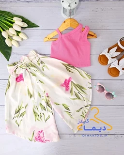 ست کراپ و شلوار سفید صورتی طرح گلدار ساحل