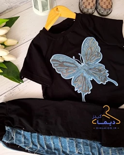 ست کراپ و شلوار مشکی طرح پروانه جین نگین دار
