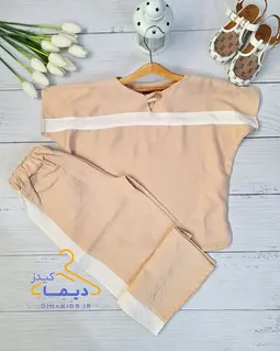 ست کراپ و شلوار نسکافه ای طرح یقه خشتی