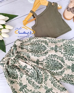 ست کراپ و شلوار کرم سبز طرح ترنج ساحل