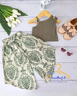 ست کراپ و شلوار کرم سبز طرح ترنج ساحل