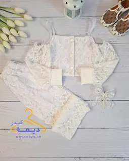 ست کراپ و شلوار گیپور سفید طرح سرشونه باز
