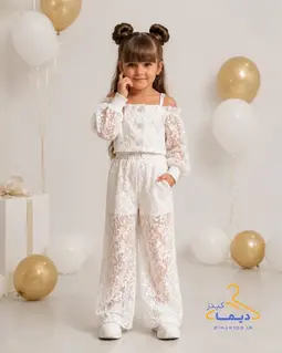 ست کراپ و شلوار گیپور سفید طرح سرشونه باز