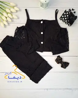 ست کراپ و شلوار گیپور مشکی طرح سرشونه باز