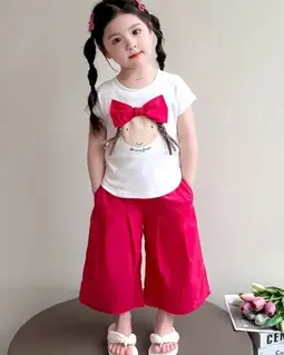 ست تیشرت و شلوار سفید سرخابی طرح دختر گیس بافت پاپیونی