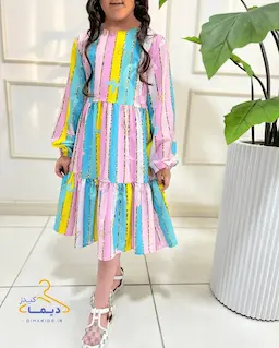 پیراهن آستین بلند دخترانه پاستیلی طرح پروانه راه راه 