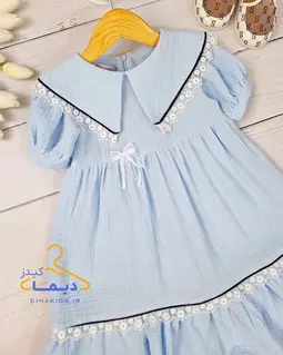 پیراهن آستین پفی آبی پاستیلی طرح یقه خرگوشی