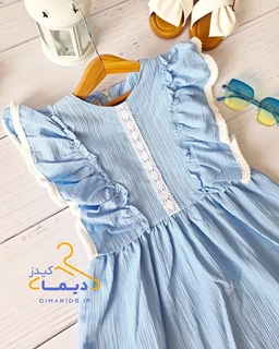 پیراهن دخترانه آبی طرح آستین حلقه چین دار