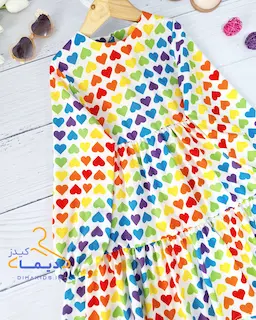 پیراهن دخترانه آستین بلند سفید طرح قلب رنگین کمانی