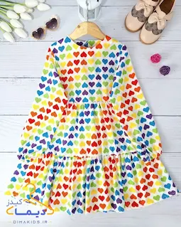 پیراهن دخترانه آستین بلند سفید طرح قلب رنگین کمانی