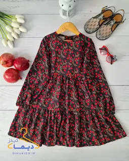 پیراهن دخترانه آستین بلند مشکی قرمز طرح انار شاخه طلایی