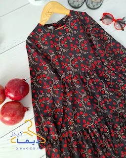 پیراهن دخترانه آستین بلند مشکی قرمز طرح انار شاخه طلایی