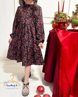 پیراهن دخترانه آستین بلند مشکی قرمز طرح انار شاخه طلایی