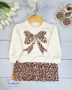 پیراهن دورس سفید پاپیونی طرح دامن پلیسه پلنگی