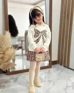 پیراهن دورس سفید پاپیونی طرح دامن پلیسه پلنگی