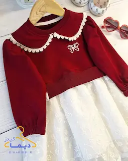 پیراهن دورس یقه ب ب آلبالویی طرح دامن دانتل شکوفه ریز پریا