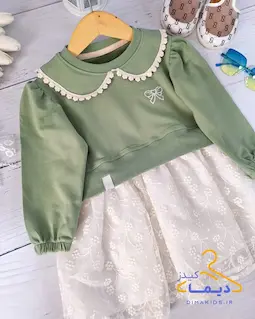 پیراهن دورس یقه ب ب سبز سدری طرح دامن دانتل شکوفه ریز پریا