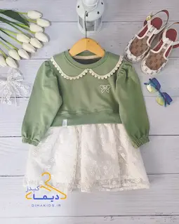 پیراهن دورس یقه ب ب سبز سدری طرح دامن دانتل شکوفه ریز پریا