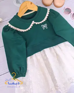 پیراهن دورس یقه ب ب سبز طرح دامن دانتل شکوفه ریز پریا