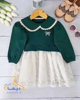 پیراهن دورس یقه ب ب سبز طرح دامن دانتل شکوفه ریز پریا