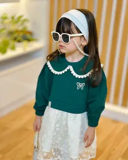 پیراهن دورس یقه ب ب سبز طرح دامن دانتل شکوفه ریز پریا