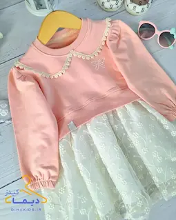 پیراهن دورس یقه ب ب صورتی طرح دامن دانتل شکوفه ریز پریا