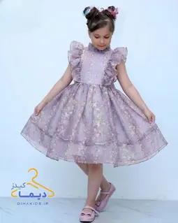 پیراهن پفی دخترانه بنفش طرح ریسه گلدار لیا
