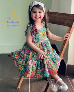 پیراهن چین دار سبز طرح دشت گلهای رنگی نیکی