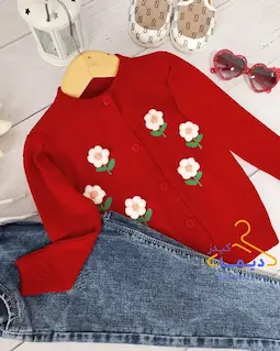 ژاکت جلو دکمه قرمز طرح گل برجسته 