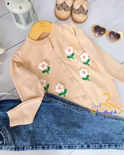 ژاکت جلو دکمه کرم طرح گل برجسته 