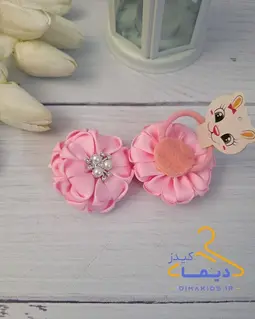 کش مو دخترانه صورتی طرح گل رز نگین و مروارید باران