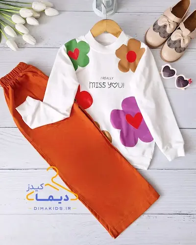 ست بلوز و شلوار بگ سفید آجری طرح گلسا