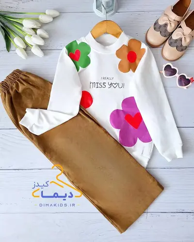 ست بلوز و شلوار بگ سفید نسکافه ای طرح گلسا