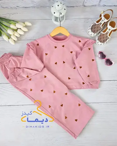ست بلوز و شلوار بگ صورتی طرح قلبی گلدوزی 