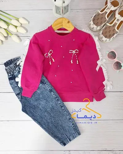 ست بلوز و شلوار جین سرخابی طرح پاپیون مرواریدی