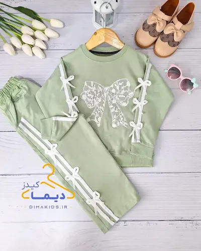 ست بلوز و شلوار دورس سبز سدری طرح دانتل پاپیونی  