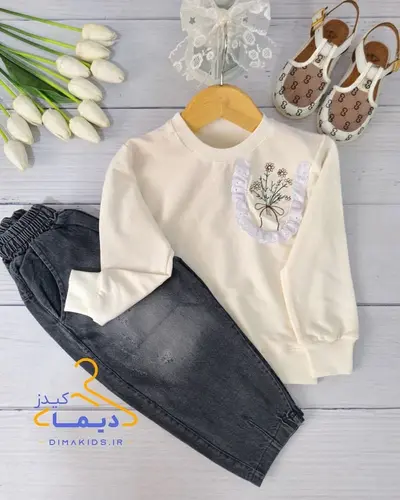 ست بلوز و شلوار دورس سفید شلوار جین زغال سنگی طرح جیب دانتلی