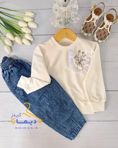 ست بلوز و شلوار دورس سفید شلوار جین آبی طرح جیب دانتلی