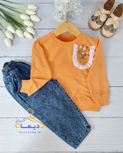 ست بلوز و شلوار دورس مرجانی شلوار جین آبی طرح جیب دانتلی