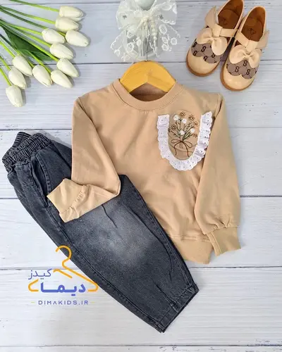 ست بلوز و شلوار دورس نسکافه ای شلوار جین زغال سنگی طرح جیب دانتلی